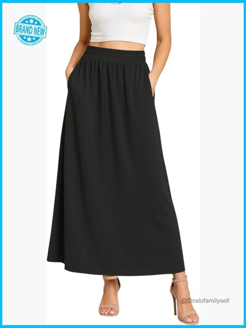 Flowy Maxi Skirt Elastic High Waisted A-Line Long Skirt with Pockets Trendy